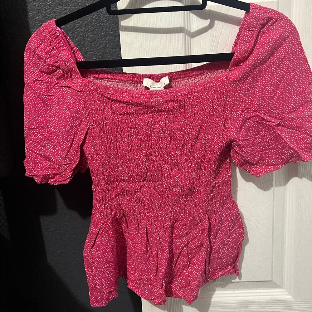 pink polka dot blouse